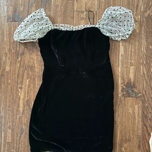 Camila Coelho Black Velvet Mini Dress with Sheer Polka Dot Puff Sleeves